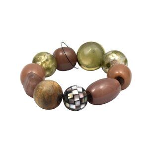 Chicos Olivia Stretch Bracelet Beaded Resin Wood Shell Metal Brown Green